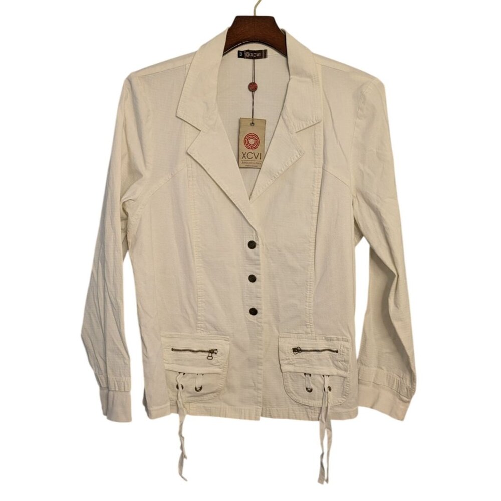 XCVI White Cotton Utility Blazer Jacket Pockets Drawstrings 2X Womens Casual